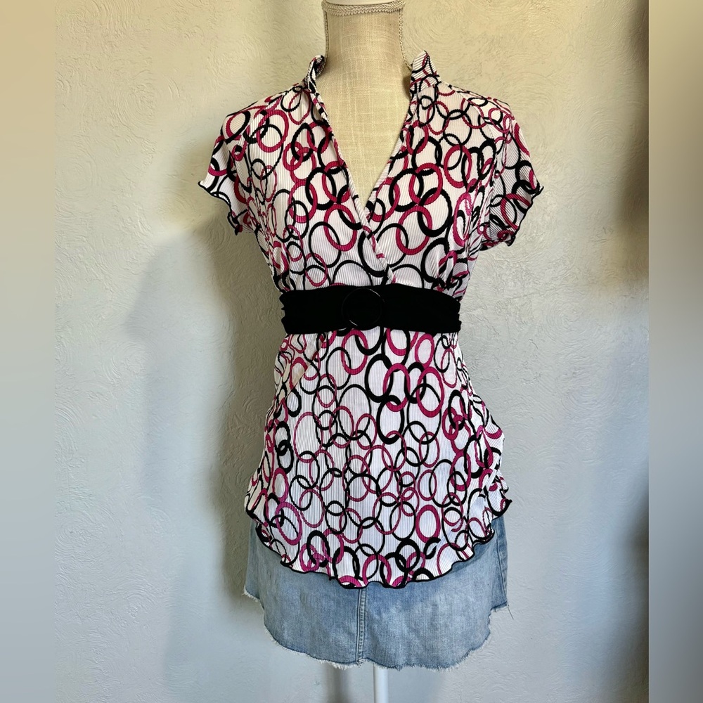 Brittany Black Vintage Y2K Pink And Black V Neck Blouse Size Medium